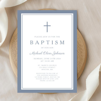 Elegant Dusty Blue Cross Baby Boy Baptism Invitation