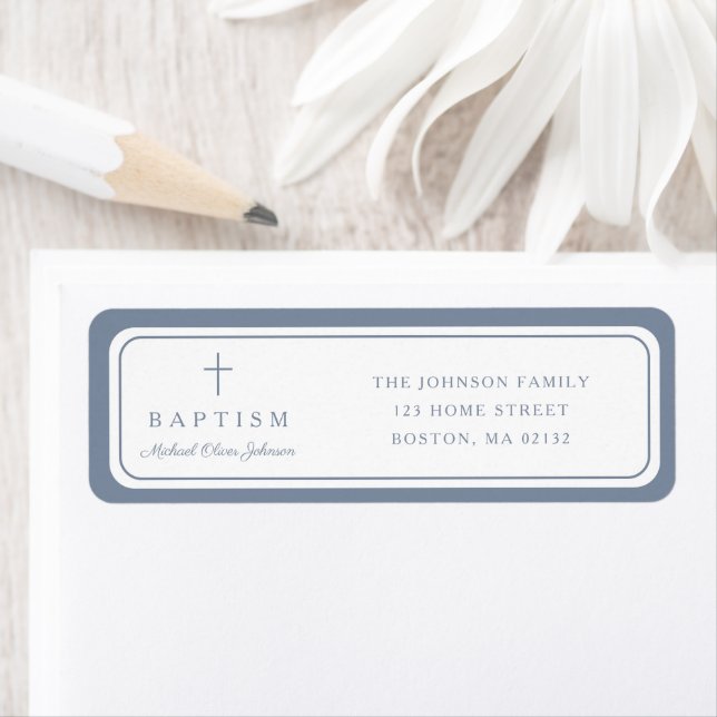 Elegant Dusty Blue Cross Boy Baptism Address  Label (Insitu)