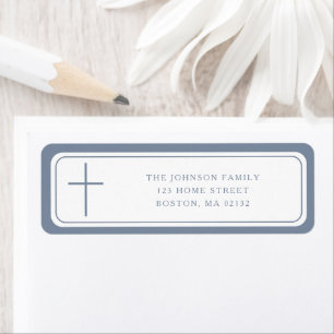 Elegant Dusty Blue Cross Boy Baptism Address Label