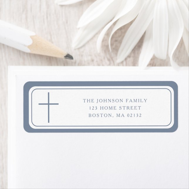 Elegant Dusty Blue Cross Boy Baptism Address  Label (Insitu)