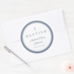 Elegant Dusty Blue Cross Boy Baptism Classic Round Sticker