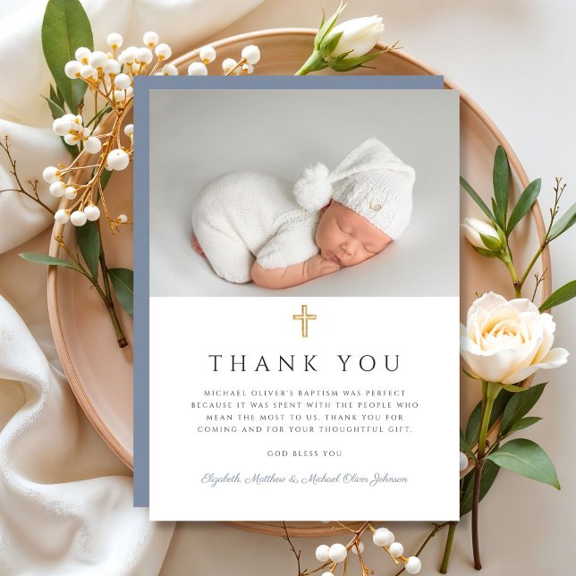 Elegant Dusty Blue Cross Boy Baptism Photo Thank You Card (Elegant Dusty Blue Cross Boy Baptism Photo Thank You Card)
