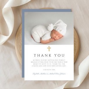 Elegant Dusty Blue Cross Boy Baptism Photo Thank You Card