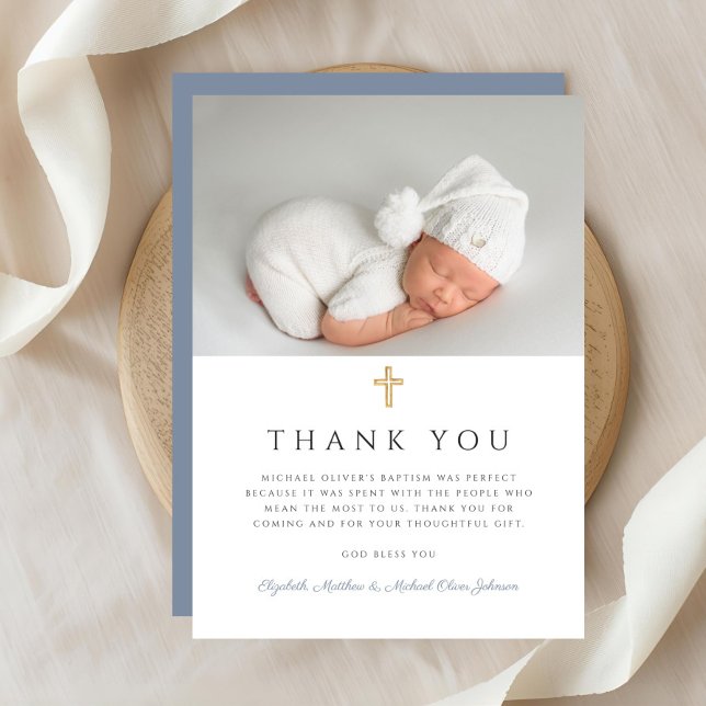 Elegant Dusty Blue Cross Boy Baptism Photo Thank You Card (Elegant Dusty Blue Cross Boy Baptism Photo Thank You Card)