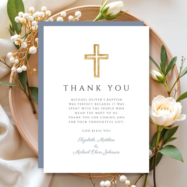 Elegant Dusty Blue Cross Boy Baptism Thank You Card (Elegant Dusty Blue Cross Boy Baptism Thank You Card)