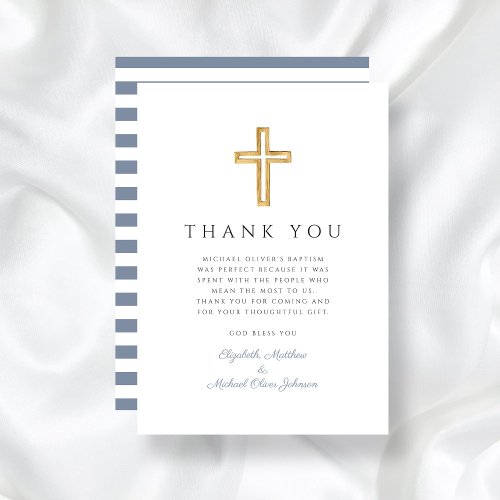 Elegant Dusty Blue Cross Boy Baptism Thank You Card