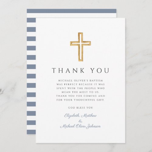 Elegant Dusty Blue Cross Boy Baptism Thank You Card