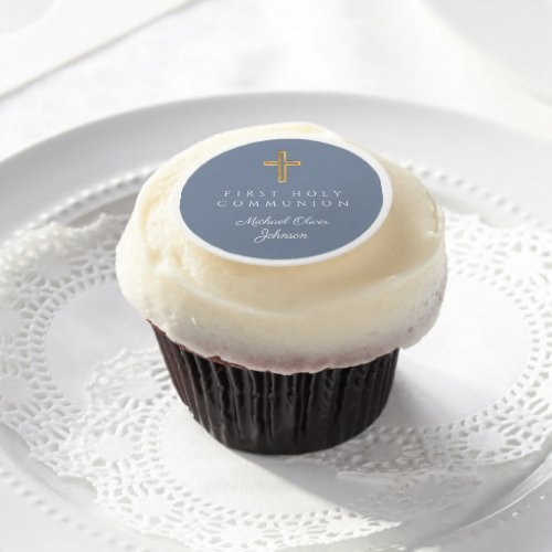 Elegant Dusty Blue Cross Boy First Communion   Edible Frosting Rounds