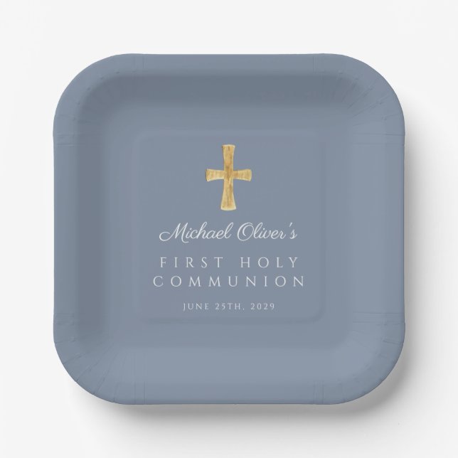 Elegant Dusty Blue Cross Boy First Communion Paper Plates (Front)