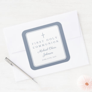 Elegant Dusty Blue Cross Boy First Communion  Square Sticker