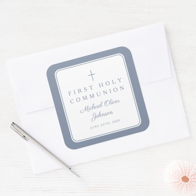 Elegant Dusty Blue Cross Boy First Communion  Square Sticker (Envelope)