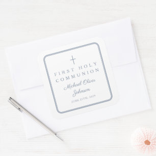 Elegant Dusty Blue Cross Boy First Communion Square Sticker
