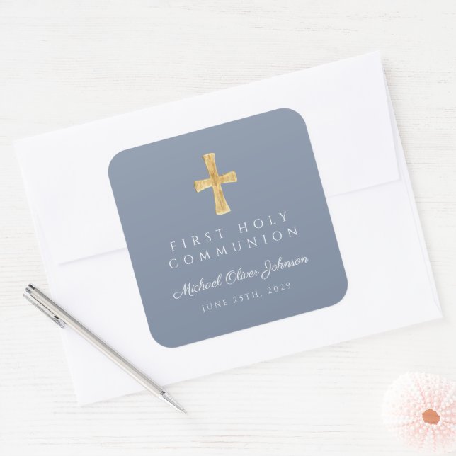 Elegant Dusty Blue Cross Boy First Communion Square Sticker (Envelope)