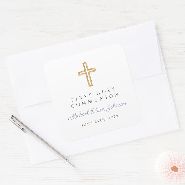 Elegant Dusty Blue Cross Boy First Communion  Square Sticker (Envelope)
