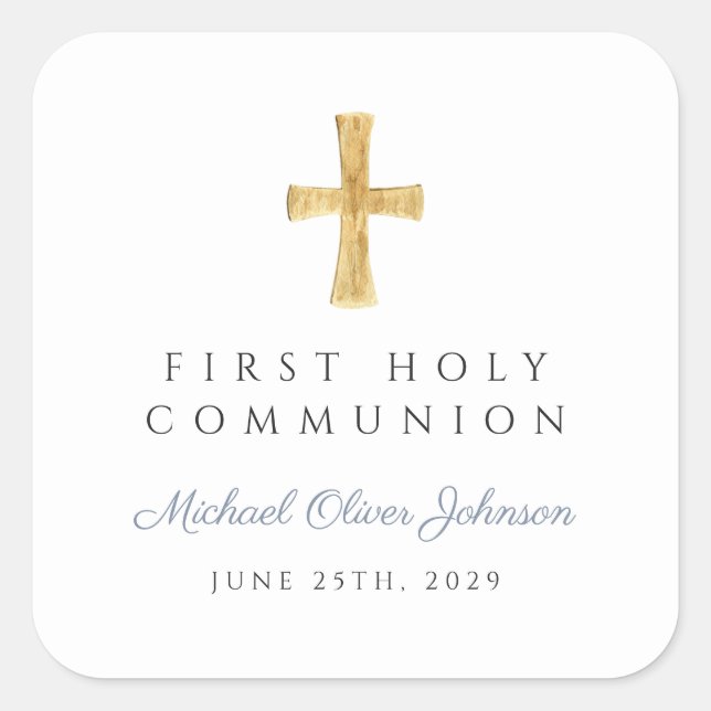 Elegant Dusty Blue Cross Boy First Communion  Square Sticker (Front)