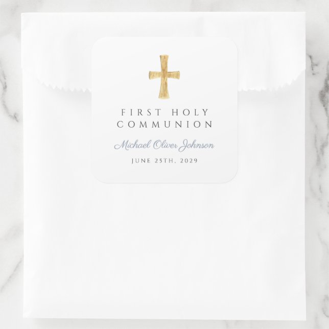 Elegant Dusty Blue Cross Boy First Communion  Square Sticker (Bag)