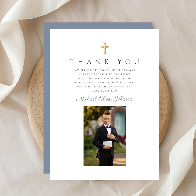 Elegant Dusty Blue Cross Boy First Communion Thank You Card (Elegant Dusty Blue Cross Boy First Communion Thank You Card)