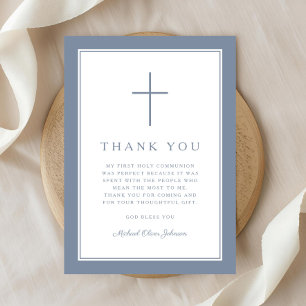 Elegant Dusty Blue Cross Boy First Communion Thank You Card