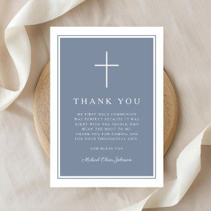 Elegant Dusty Blue Cross Boy First Communion Thank You Card