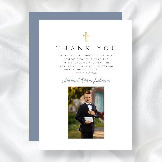 Elegant Dusty Blue Cross Boy First Communion Thank You Card (Elegant Dusty Blue Cross Boy First Communion Thank You Card)