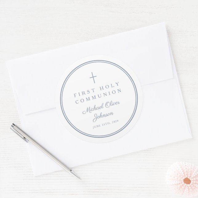 Elegant Dusty Blue Cross Boy First Holy Communion  Classic Round Sticker (Envelope)