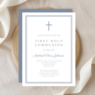 Elegant Dusty Blue Cross Boy First Holy Communion Invitation