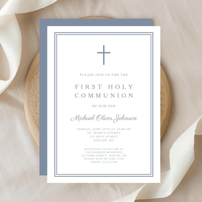 Elegant Dusty Blue Cross Boy First Holy Communion Invitation (Elegant Dusty Blue Cross Boy First Holy Communion Invitation)