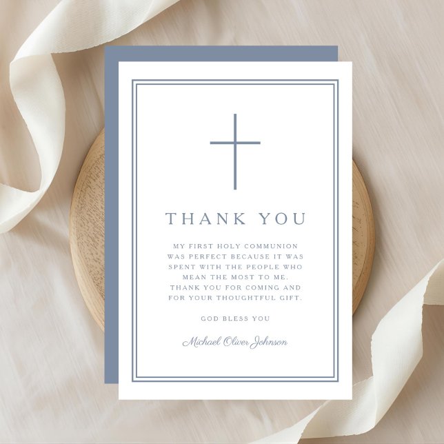 Elegant Dusty Blue Cross Boy First Holy Communion Thank You Card (Elegant Dusty Blue Cross Boy First Holy Communion Thank You Card)