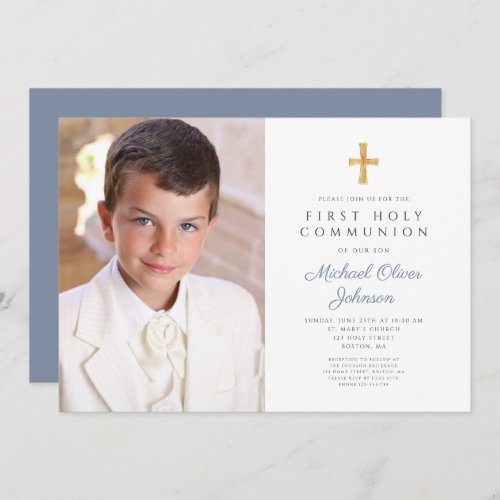Elegant Dusty Blue Cross Photo Boy First Communion Invitation