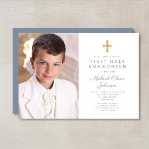 Elegant Dusty Blue Cross Photo Boy First Communion Invitation