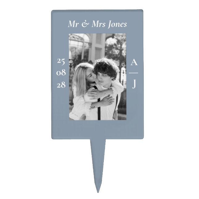 Elegant Dusty Blue Custom Photo Wedding Cake Topper (Front)