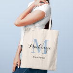 Elegant Dusty Blue Custom Wedding Bridesmaid Name Tote Bag<br><div class="desc">Elegant custom wedding tote bag features a personalized monogram typography design with modern calligraphy script name and serif monogram initial in dusty blue and black colors. Includes custom text for a bridal party title like "BRIDESMAID" or other preferred wording.</div>