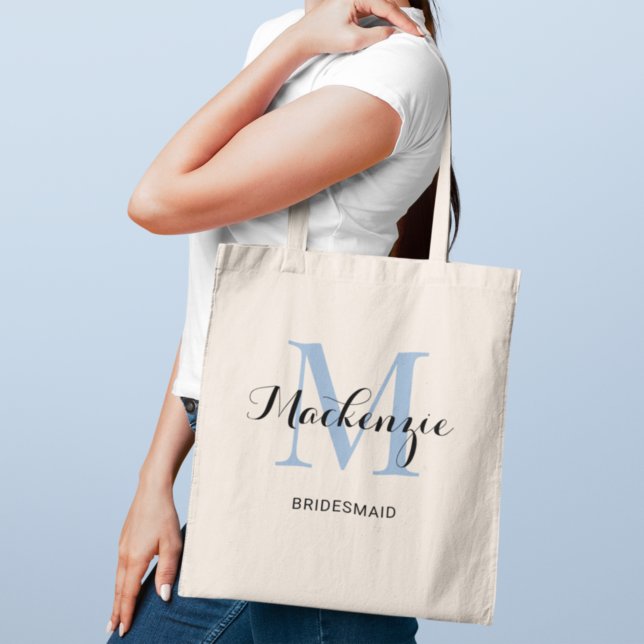Elegant Dusty Blue Custom Wedding Bridesmaid Name Tote Bag (Creator Uploaded)