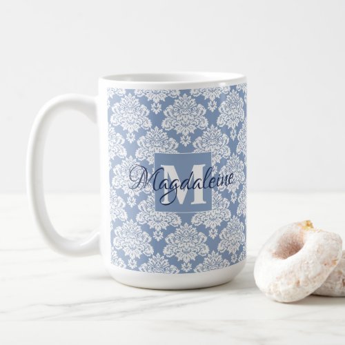 Elegant Dusty Blue Damask Lace Monogram and Name Coffee Mug