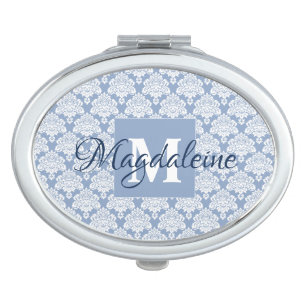 Elegant Dusty Blue Damask Lace Monogram & Name Compact Mirror