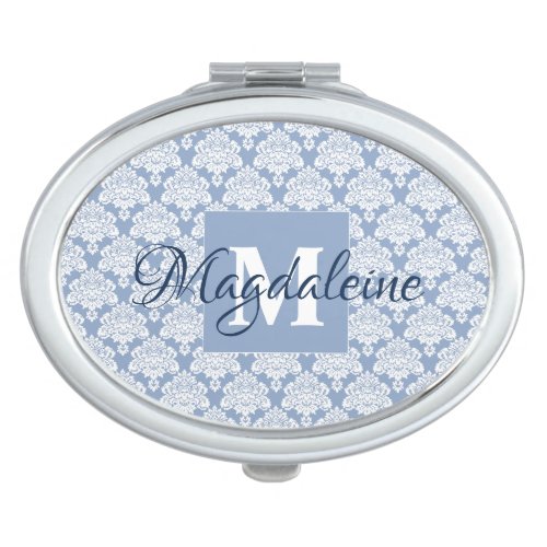 Elegant Dusty Blue Damask Lace Monogram  Name Compact Mirror