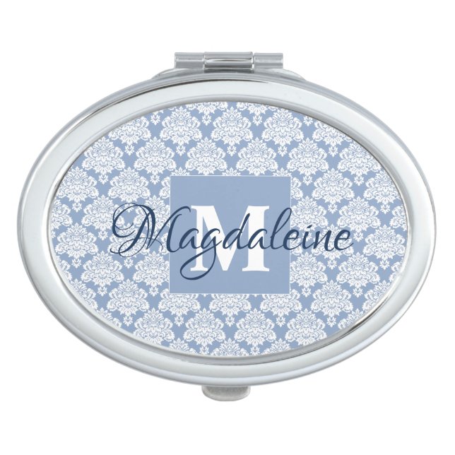 Elegant Dusty Blue Damask Lace Monogram & Name Compact Mirror (Front)