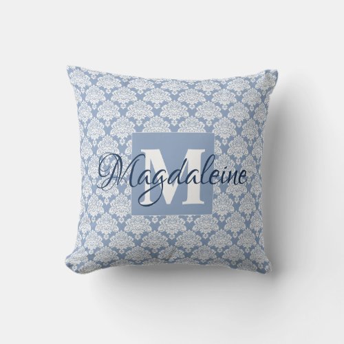 Elegant Dusty Blue Damask Monogram  Name Throw Pillow