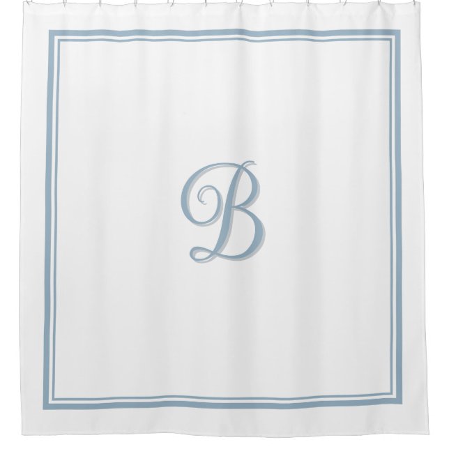 Elegant Dusty Blue Double Border Script Monogram  Shower Curtain (Front)