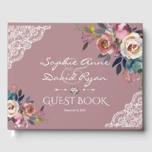Elegant Dusty Blue Dusty Rose Flowers Wedding Guest Book