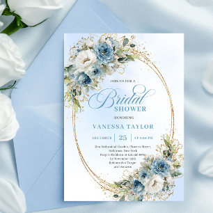 Elegant Dusty Blue Eucalyptus Gold Bridal Shower Invitation
