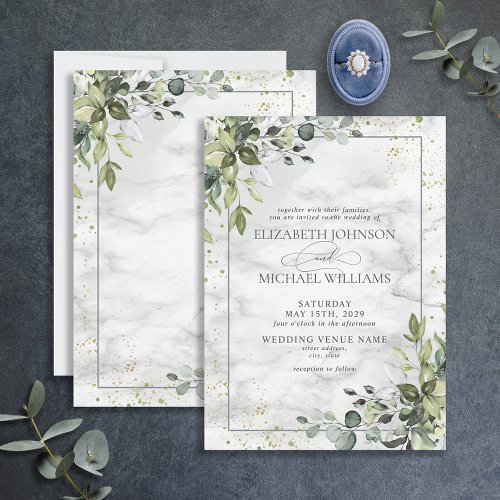Elegant Dusty Blue Eucalyptus Greenery Marble Invitation