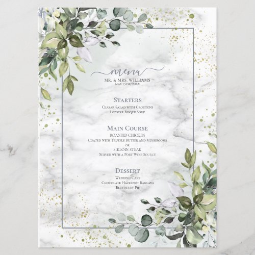 Elegant Dusty Blue Eucalyptus Greenery Marble Menu