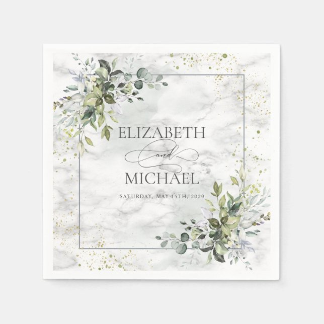 Elegant Dusty Blue Eucalyptus Greenery Marble Napkins (Front)