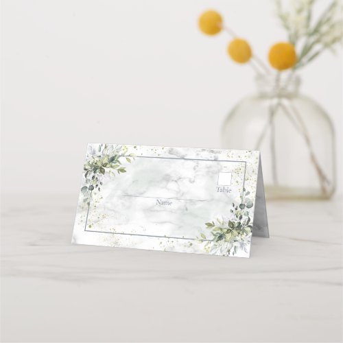 Elegant Dusty Blue Eucalyptus Greenery Marble Place Card