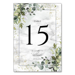 Elegant Dusty Blue Eucalyptus Greenery Marble Table Number