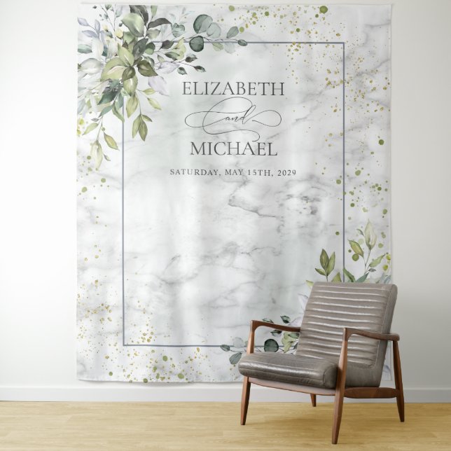 Elegant Dusty Blue Eucalyptus Greenery Marble Tapestry (In Situ)