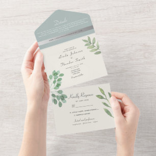 Elegant Dusty Blue Eucalyptus Greenery Wedding All In One Invitation