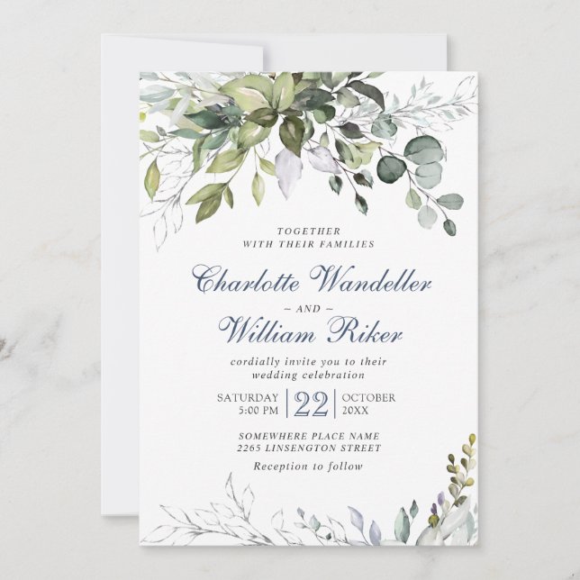 Elegant Dusty Blue Eucalyptus Greenery Wedding Invitation (Front)