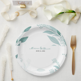 Elegant Dusty Blue Eucalyptus Teal Floral wedding Paper Plates